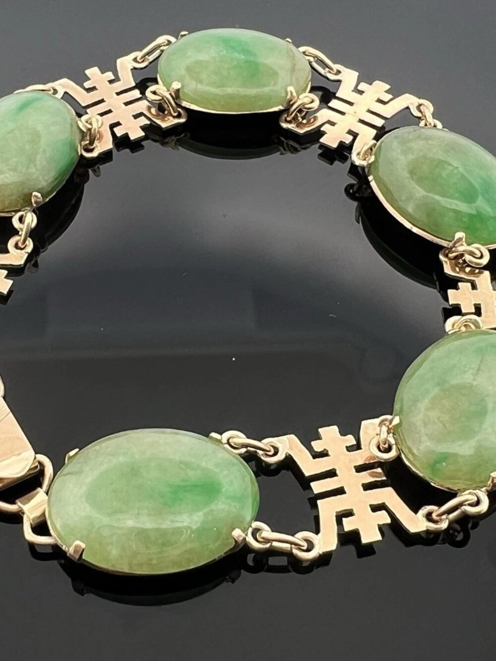 Vintage 14K Yellow Gold Jadeite Jade 5 Cabochon Bracelet 7” Estate